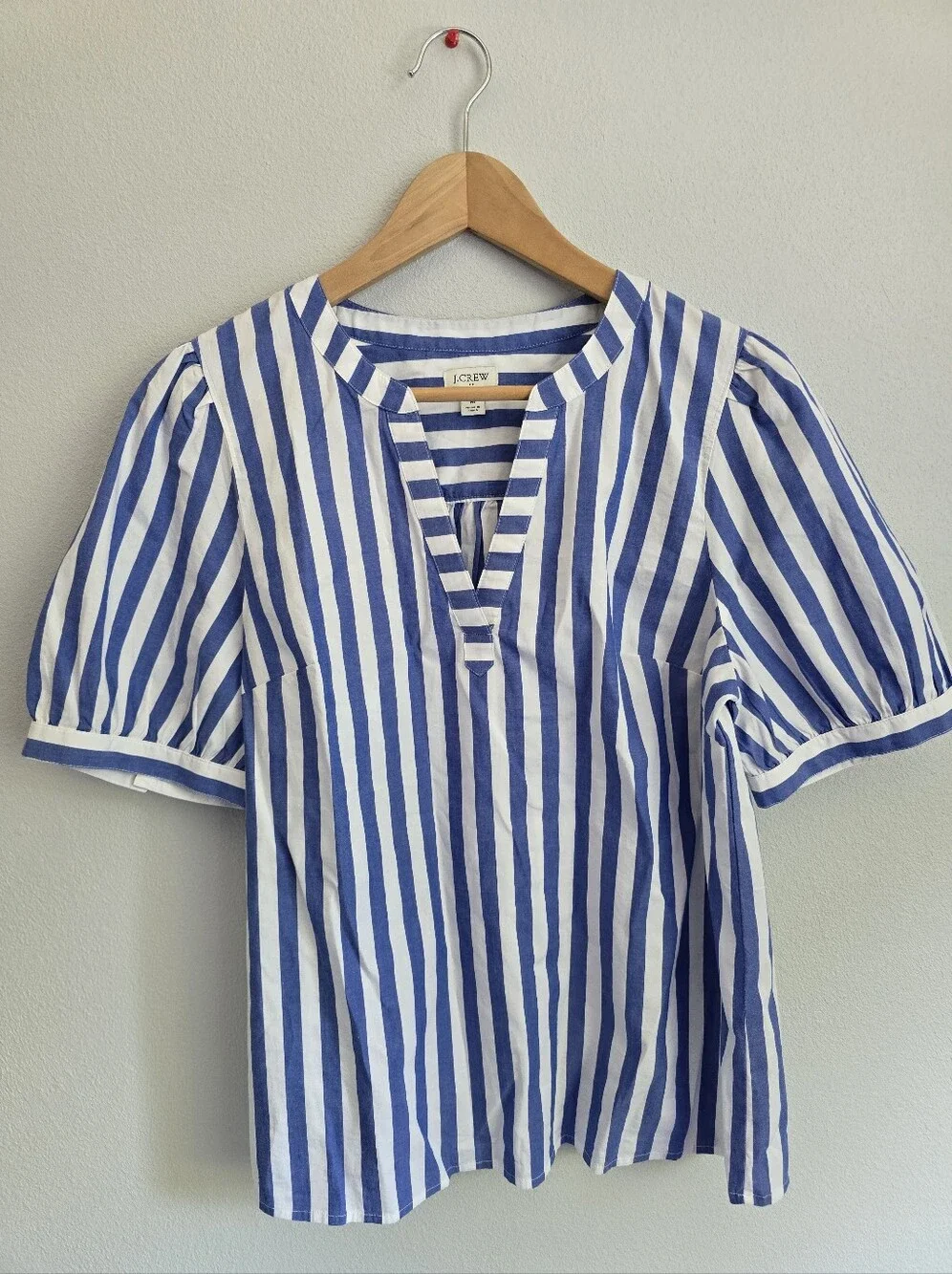 J. Crew Blue and White Vertical-Striped Puff-Sleeve Blouse